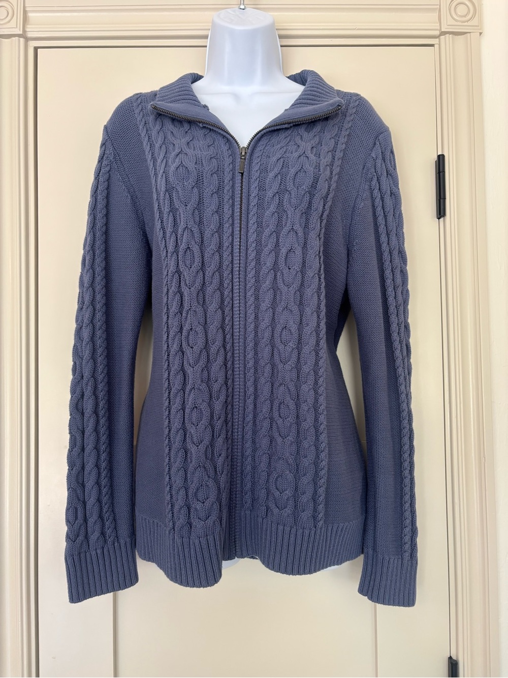 L.L. Bean Dusty Blue Chunky Knit Zip Up Jacket Layering Fall Boho 100% Cotton XL - Picture 2 of 8